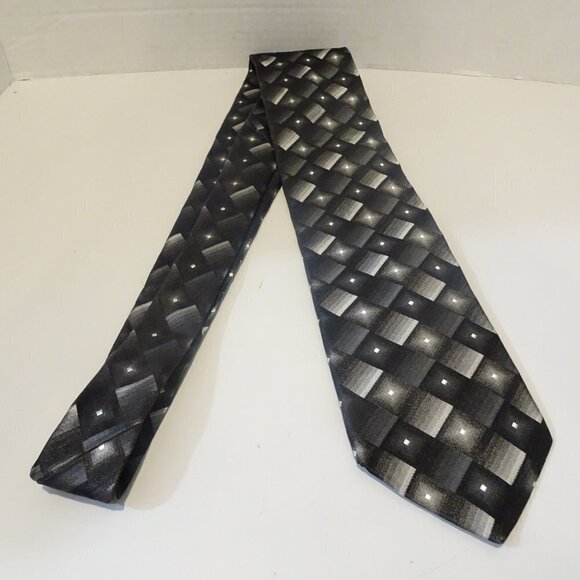 Ted Baker London 100% Silk Tie Necktie Black Silver Geometric Pattern Squares - Picture 2 of 5